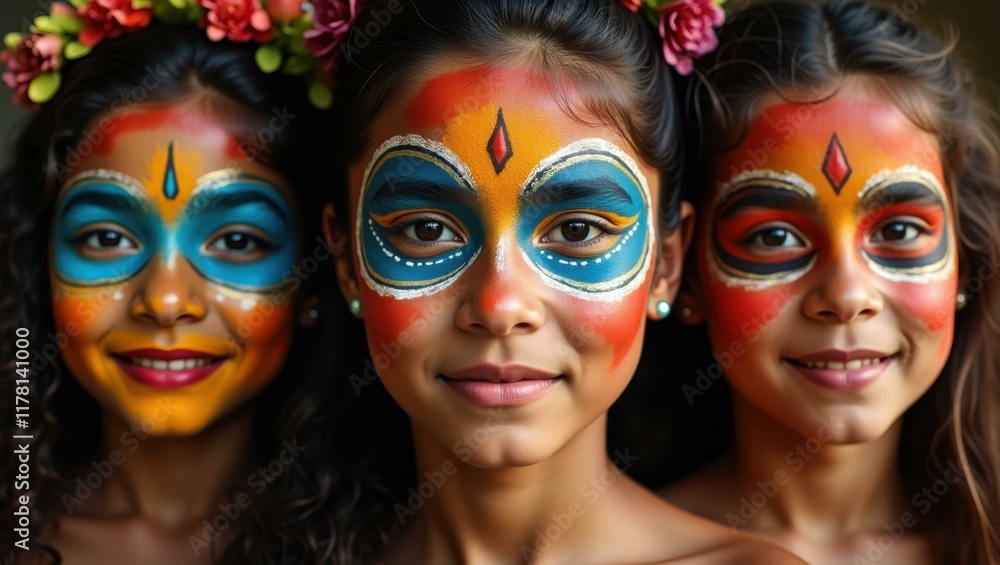 Faces painted with traditional designs each telling story of cultural identity and pride, Professional stock photo, AI generated photograph Faces painted with traditional designs each telling story of cultural identity and pride, Professional stock photo, AI generated photograph