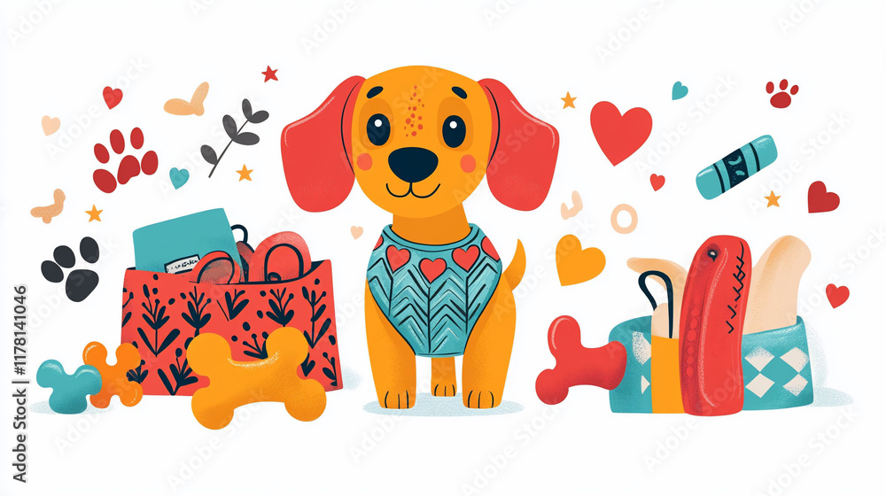 Naklejka premium Cute cartoon dog with toys and bags.