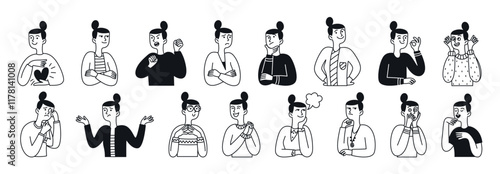 Big collection of drawings of facial expressions of women, people. Happy person, sad, shocked, scared, laughing etc. Outline, hand drawn sketch