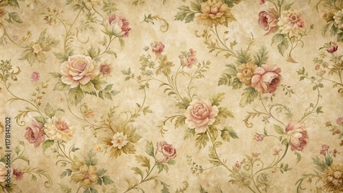 Distressed vintage floral wallpaper with ecru tones and intricate designs , organic, artistic,  organic, artistic