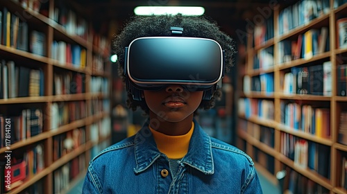 Wallpaper Mural Child experiences virtual reality in a library filled with books during the afternoon Torontodigital.ca