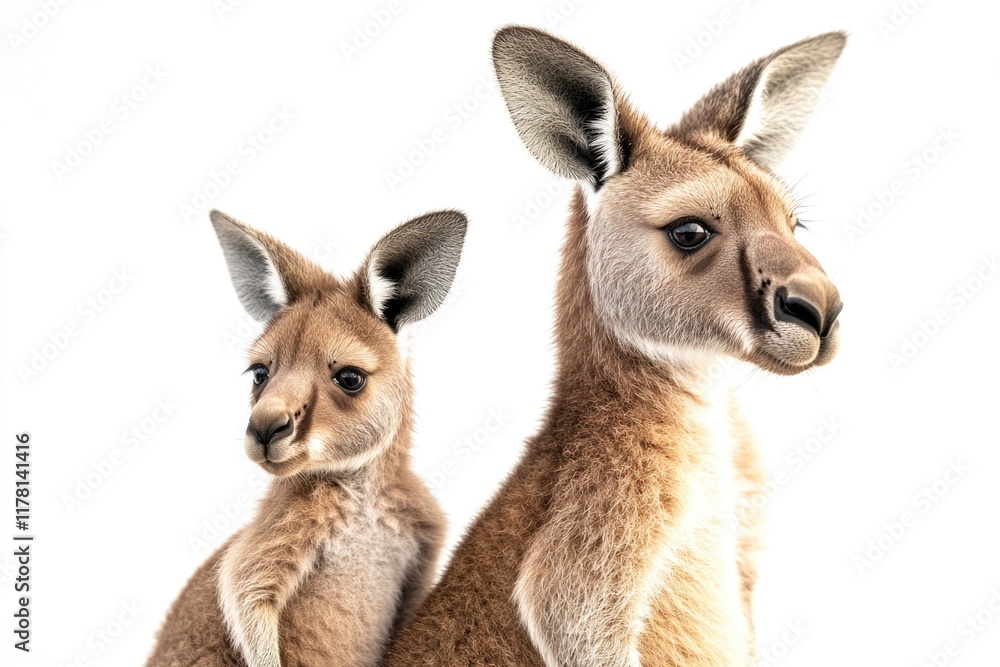 Two kangaroos standing side by side, looking relaxed Two kangaroos standing side by side, looking relaxed