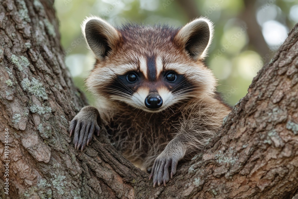 Fototapeta premium A raccoon perched in a tree, gazing directly at the viewer