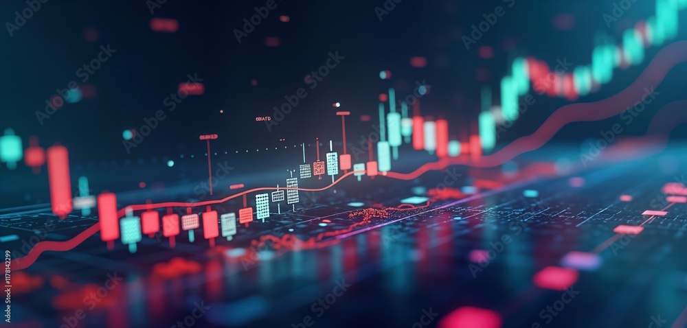Obraz premium Digital display shows stock market forex trading data. Colorful candlestick chart, graph illustrate financial investment trends. Futuristic tech design concept. Abstract illustration reflects modern