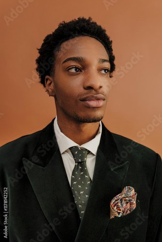 University student wearing elegant suit posing in studio shot photo