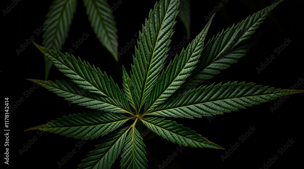 Close-Up of a Vibrant Cannabis Leaf on a Dark Background Close-Up of a Vibrant Cannabis Leaf on a Dark Background