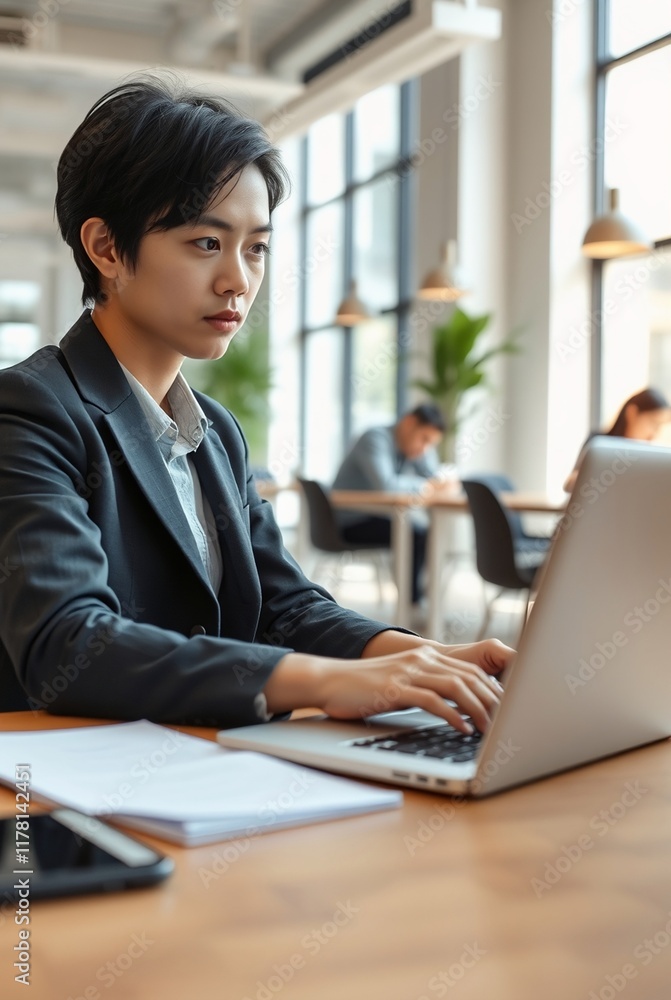 Young Professional Working on Laptop in Modern Office Environment Young Professional Working on Laptop in Modern Office Environment