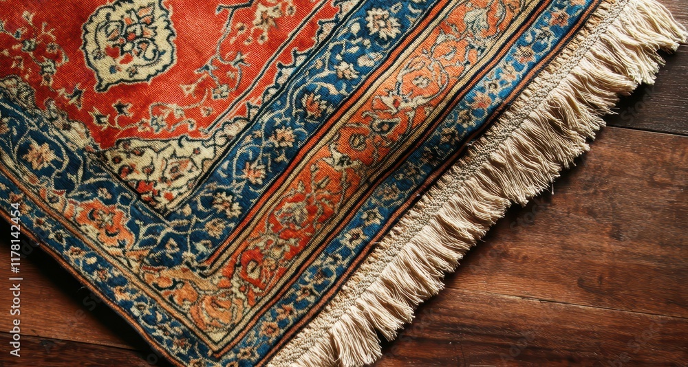 Intricate oriental rug with blue and red patterns on hardwood floor Intricate oriental rug with blue and red patterns on hardwood floor