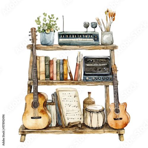 A watercolor of a music storage rack, isolated on a white background. Music storage rack vector.
