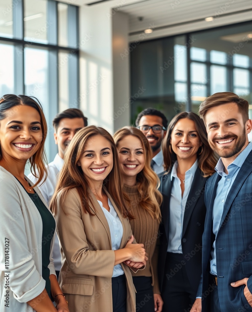 Diverse Group of Professionals Smiling in Modern Office Environment Diverse Group of Professionals Smiling in Modern Office Environment