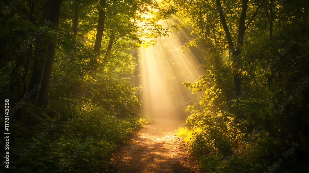 Obraz premium Sunlight streams through the dense canopy of a lush forest, illuminating the path ahead. Evergold. Illustration