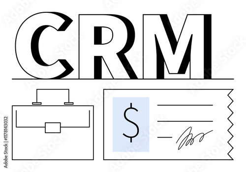 CRM title with a briefcase, dollar sign, and signed document. Ideal for customer relationships, business solutions, data management, sales tracking, contract signing, finance abstract line flat