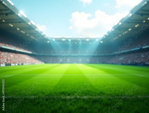 AI generated Lush green lawn at football soccer sports stadium professional photography photo