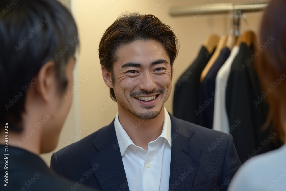 Smartly dressed businessman smiles broadly while engaging in conversation with colleagues, possibly discussing fashion or retail strategies in a clothing store environment Smartly dressed businessman smiles broadly while engaging in conversation with colleagues, possibly discussing fashion or retail strategies in a clothing store environment