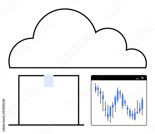 Cloud outline above a data building and a graph window showing fluctuating statistics. Ideal for data analytics, cloud storage, financial analysis, digital infrastructure, technology services