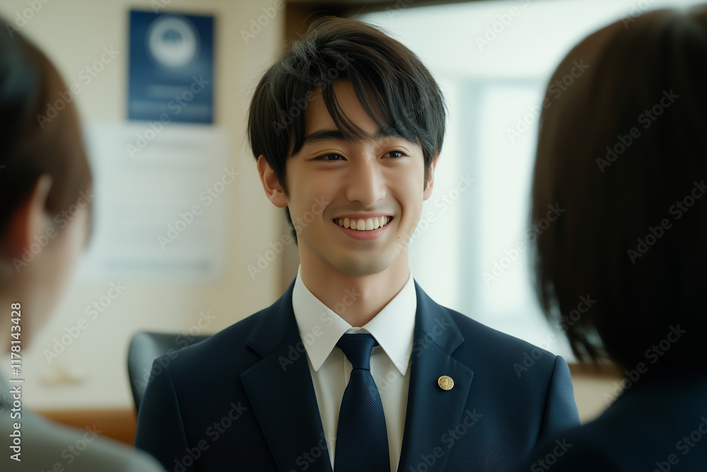 Young businessman in a suit and tie smiles while engaging in a conversation with two female colleagues during a meeting in a professional office environment Young businessman in a suit and tie smiles while engaging in a conversation with two female colleagues during a meeting in a professional office environment