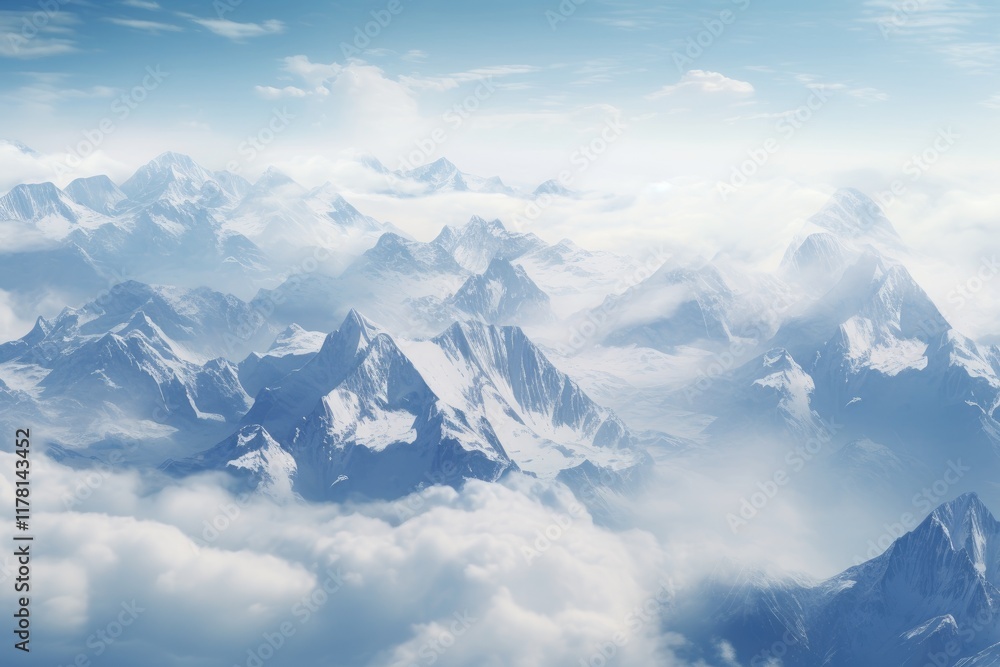 Obraz premium An aerial view of majestic snow-covered mountain range under a clear blue sky surrounded by soft clouds at dawn capturing the beauty of natures untouched wilderness