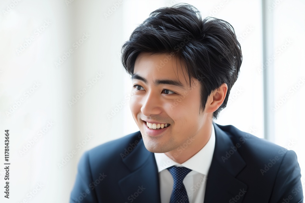 Young businessman in a suit and tie, smiling confidently while looking away, working in a bright, modern office filled with natural light and a sense of opportunity Young businessman in a suit and tie, smiling confidently while looking away, working in a bright, modern office filled with natural light and a sense of opportunity