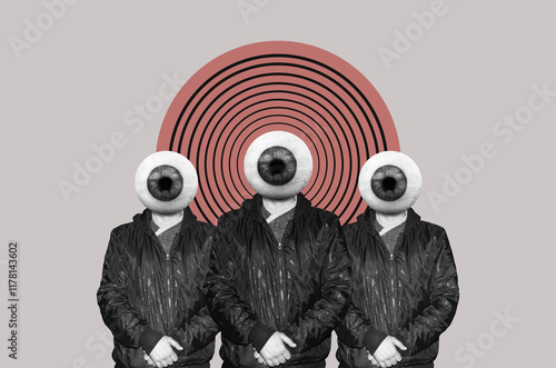 A group of men with eyeballs instead of a heads