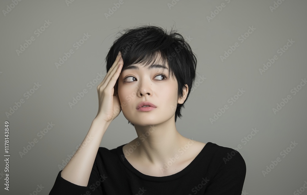 Young japanese woman with short black hair, wearing a black shirt, touching her forehead and gazing sideways with an expression of worry and concern Young japanese woman with short black hair, wearing a black shirt, touching her forehead and gazing sideways with an expression of worry and concern