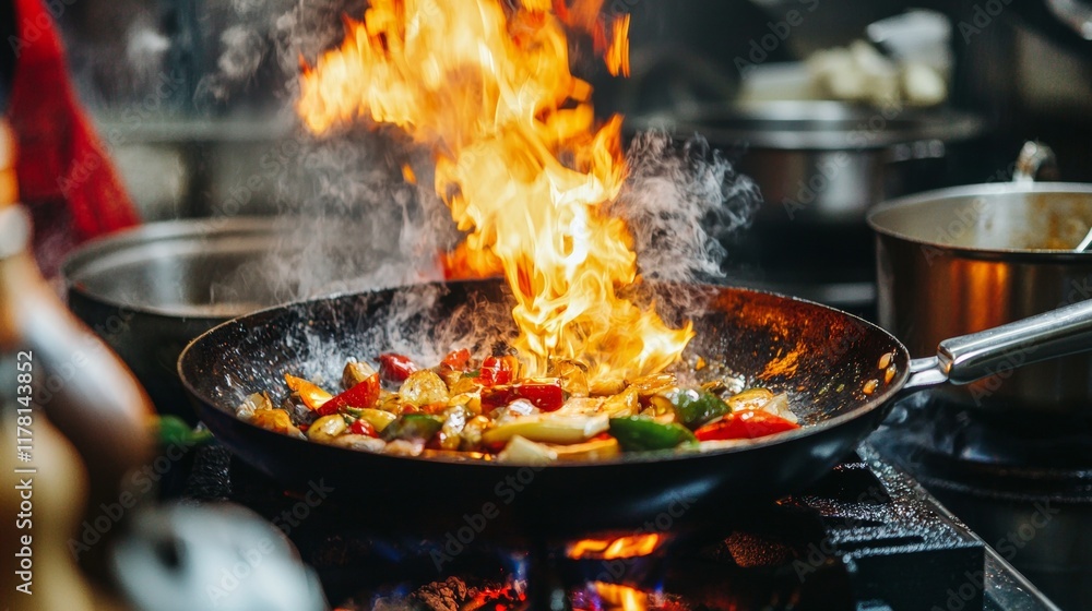 Large flames rise from a wok filled with colorful vegetables as a chef cooks them in a professional kitchen, smoke billowing around the pan Large flames rise from a wok filled with colorful vegetables as a chef cooks them in a professional kitchen, smoke billowing around the pan