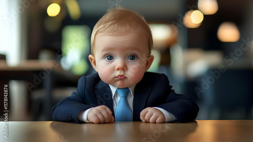 Baby in a formal business suit working in a corporate office, symbolizing intelligence and humor, perfect for playful business campaigns