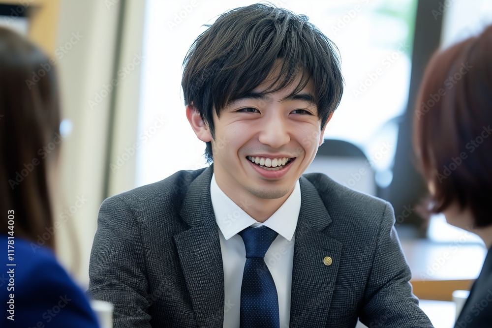 Young businessman wearing suit and tie is smiling and talking with colleagues during a business meeting in a bright office environment, showing teamwork and collaboration