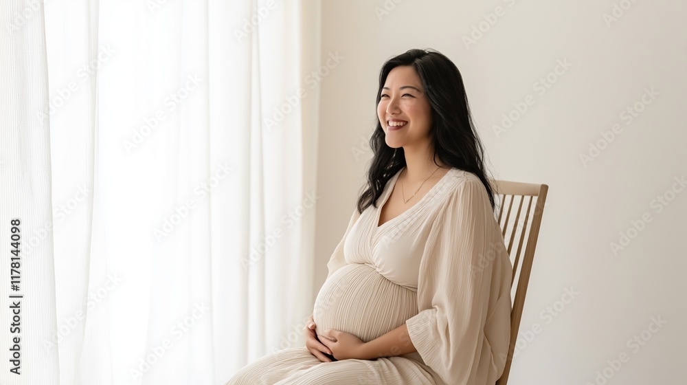 Pregnant asian woman with long black hair wearing beige maternity dress is sitting on wooden chair near window, smiling and holding her belly Pregnant asian woman with long black hair wearing beige maternity dress is sitting on wooden chair near window, smiling and holding her belly