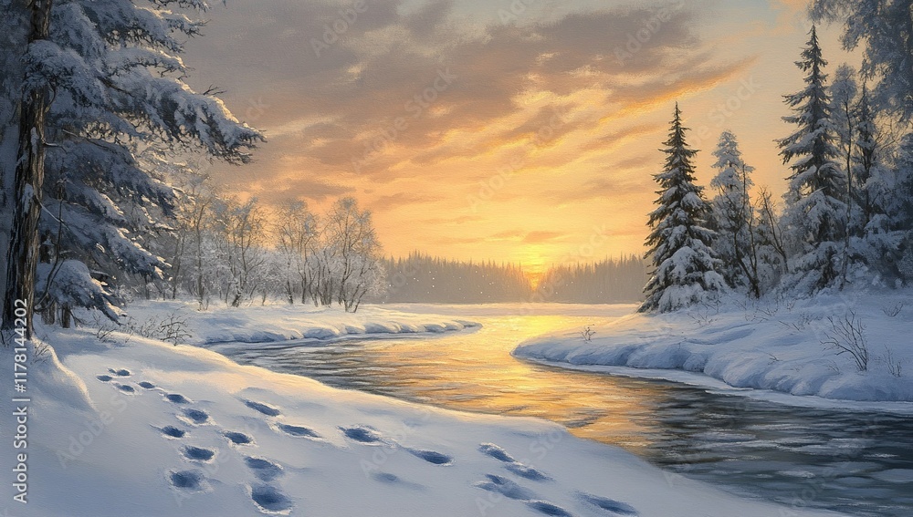 A serene winter landscape with snow covered trees, a calm river reflecting the golden sunset sky and footprints in the white snow. Golden hour A serene winter landscape with snow covered trees, a calm river reflecting the golden sunset sky and footprints in the white snow. Golden hour