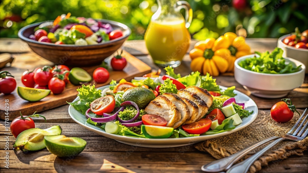 Sunny Picnic: Grilled Chicken Salad with Colorful Vegetables & Avocado on Rustic Wooden Table Sunny Picnic: Grilled Chicken Salad with Colorful Vegetables & Avocado on Rustic Wooden Table