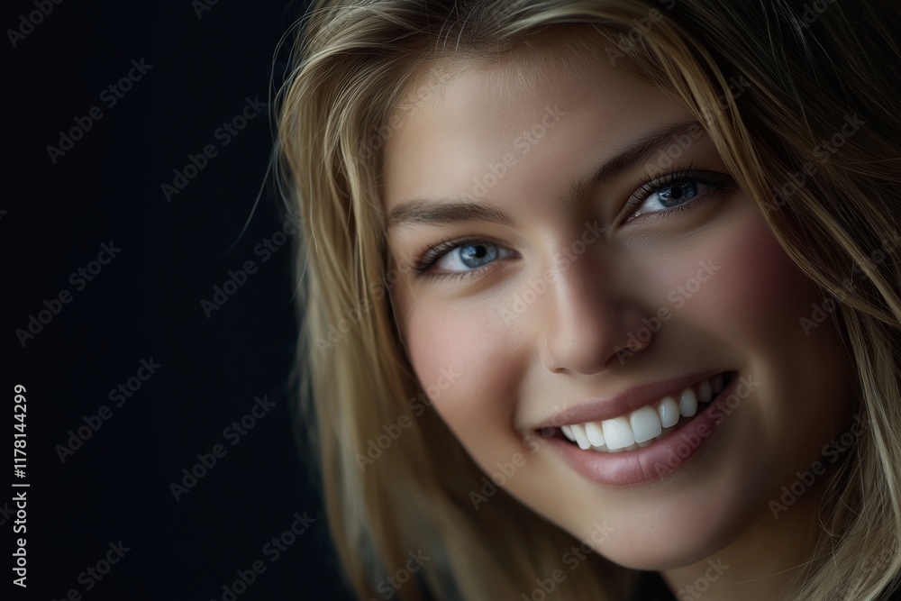 Close-up portrait of a cheerful young blonde woman with clear blue eyes and perfect teeth smiling confidently against a dark background, showcasing beauty, health, and happiness Close-up portrait of a cheerful young blonde woman with clear blue eyes and perfect teeth smiling confidently against a dark background, showcasing beauty, health, and happiness