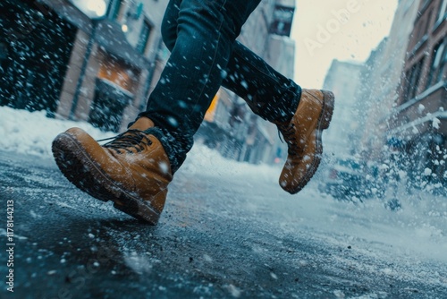 Man wearing bright yellow boots running energetically along a snowy city street, splashing snowflakes with each step as snowfall blankets the urban landscape in winter's chill photo