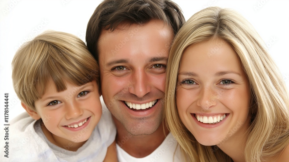 Close-up of a cheerful family, father, mother, and child, sharing a heartwarming moment, radiating happiness and togetherness with genuine smiles Close-up of a cheerful family, father, mother, and child, sharing a heartwarming moment, radiating happiness and togetherness with genuine smiles