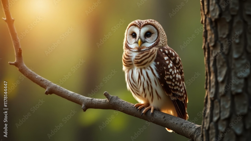 Owl perched quietly on nearby branch observing family's adventurous spirit , Professional stock photo, AI generated photograph Owl perched quietly on nearby branch observing family's adventurous spirit , Professional stock photo, AI generated photograph