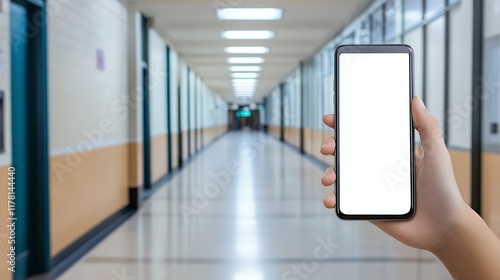 Hand Holding Smartphone in Long School Corridor