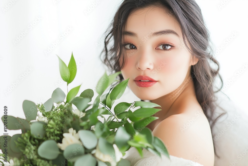 Young bride showcasing elegant makeup while holding a stunning bouquet of eucalyptus and white flowers, embodying a fresh and natural bridal aesthetic for her special day Young bride showcasing elegant makeup while holding a stunning bouquet of eucalyptus and white flowers, embodying a fresh and natural bridal aesthetic for her special day