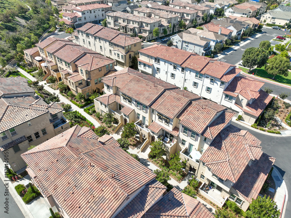 Aerial view of middle class community identical condominium apartment, Oceanside, South California, USA.