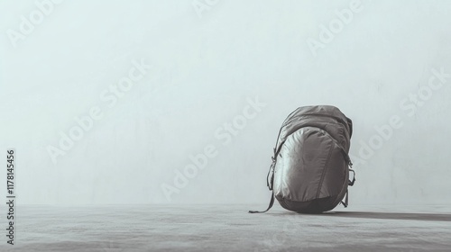 A gray backpack sits on a light gray floor against a white wall. photo