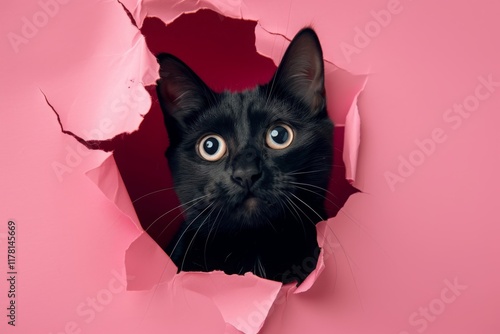 Funny black cat curiously peeks through a ripped hole in vibrant pink paper, creating a playful and whimsical atmosphere, capturing a moment of adorable mischief and surprise photo