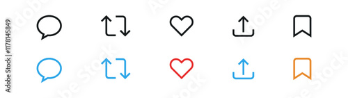 like icon, reply, repost, save, share icon signs - social media notification like comment, share icons. social network post reactions collection set. vector illustration