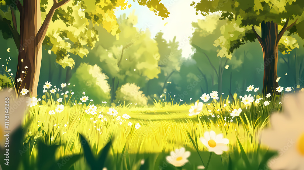 Obraz premium On a sunny day, beautiful blurred nature background with blossoming glade and trees. Evergold. Illustration