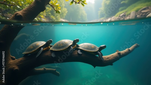 Image of floating tree branch creating perfect home for family of turtles nearby , Professional stock photo, AI generated photograph photo