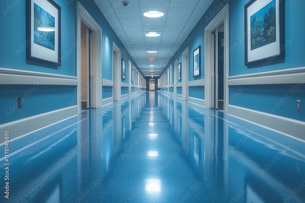empty white picture frame mockup elegantly positioned in a hospital corridor surrounded by soothing neutral tones creating a peaceful ambiance for potential artwork or messages of healing empty white picture frame mockup elegantly positioned in a hospital corridor surrounded by soothing neutral tones creating a peaceful ambiance for potential artwork or messages of healing