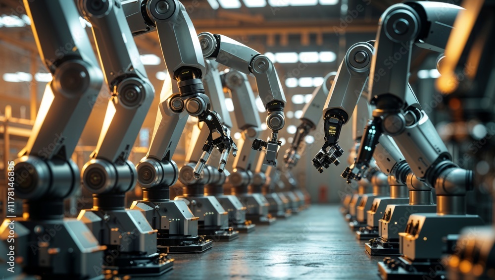 Fototapeta premium Advanced robotic arms efficiently assembling products in a modern factory during daytime