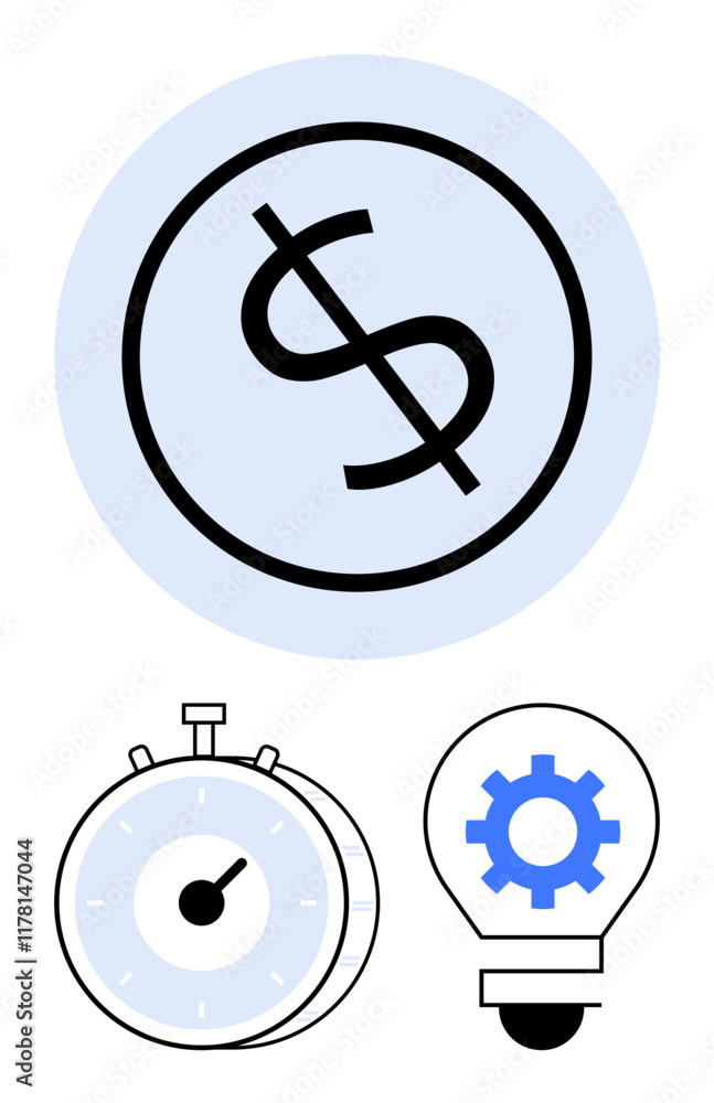Dollar sign in circle, stopwatch, and lightbulb with gear highlight financial planning, time management, and innovation. Ideal for business, productivity, finance, creativity technology strategy Dollar sign in circle, stopwatch, and lightbulb with gear highlight financial planning, time management, and innovation. Ideal for business, productivity, finance, creativity technology strategy