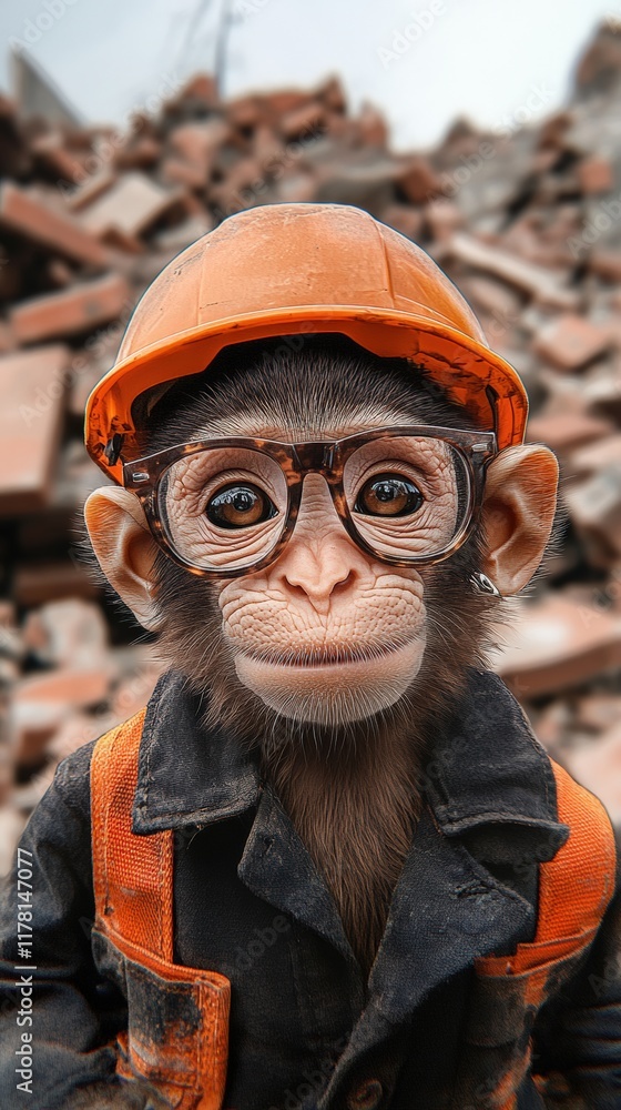 Fototapeta premium Chimpanzee in construction gear, wearing glasses, on a building site, construction zone, funny safety concept, urban work, construction focus