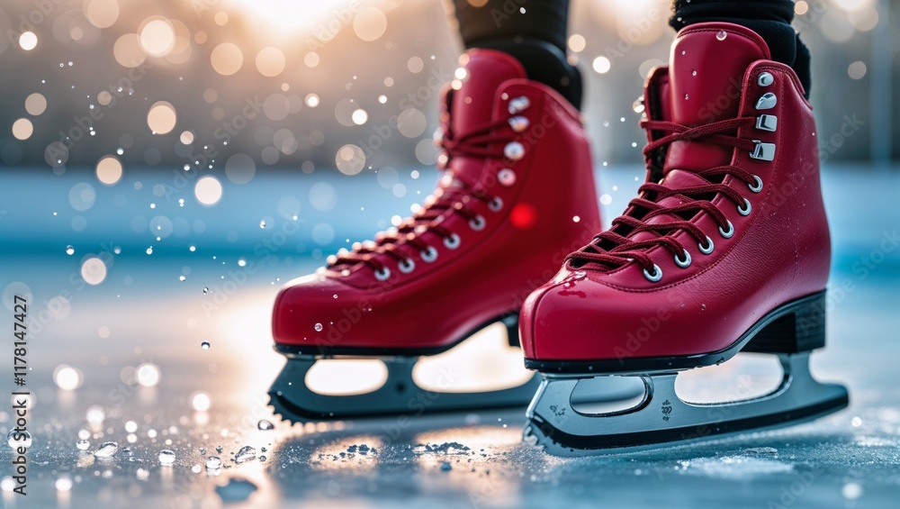 Elegant red ice skates gliding on a frozen surface during sunset Elegant red ice skates gliding on a frozen surface during sunset