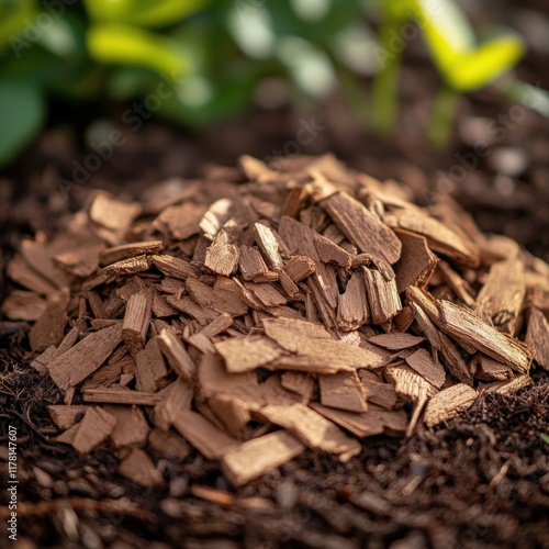 Close-up of natural wood mulch pieces on garden soil for landscaping use photo