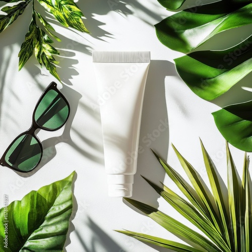 Minimalist flat lay of sunscreen tube with tropical leaves and sunglasses photo