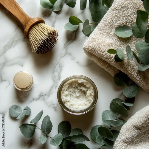 Minimalist flat lay of skincare exfoliation set with eucalyptus and natural elements photo